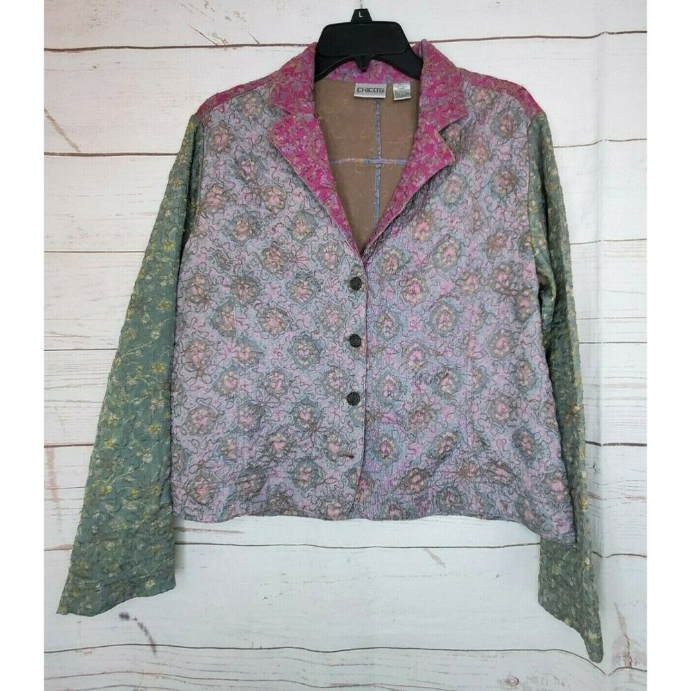 Rare Chicos %100 Silk Lining Violet Purple Multicolored Floral Sewn Women Blazer